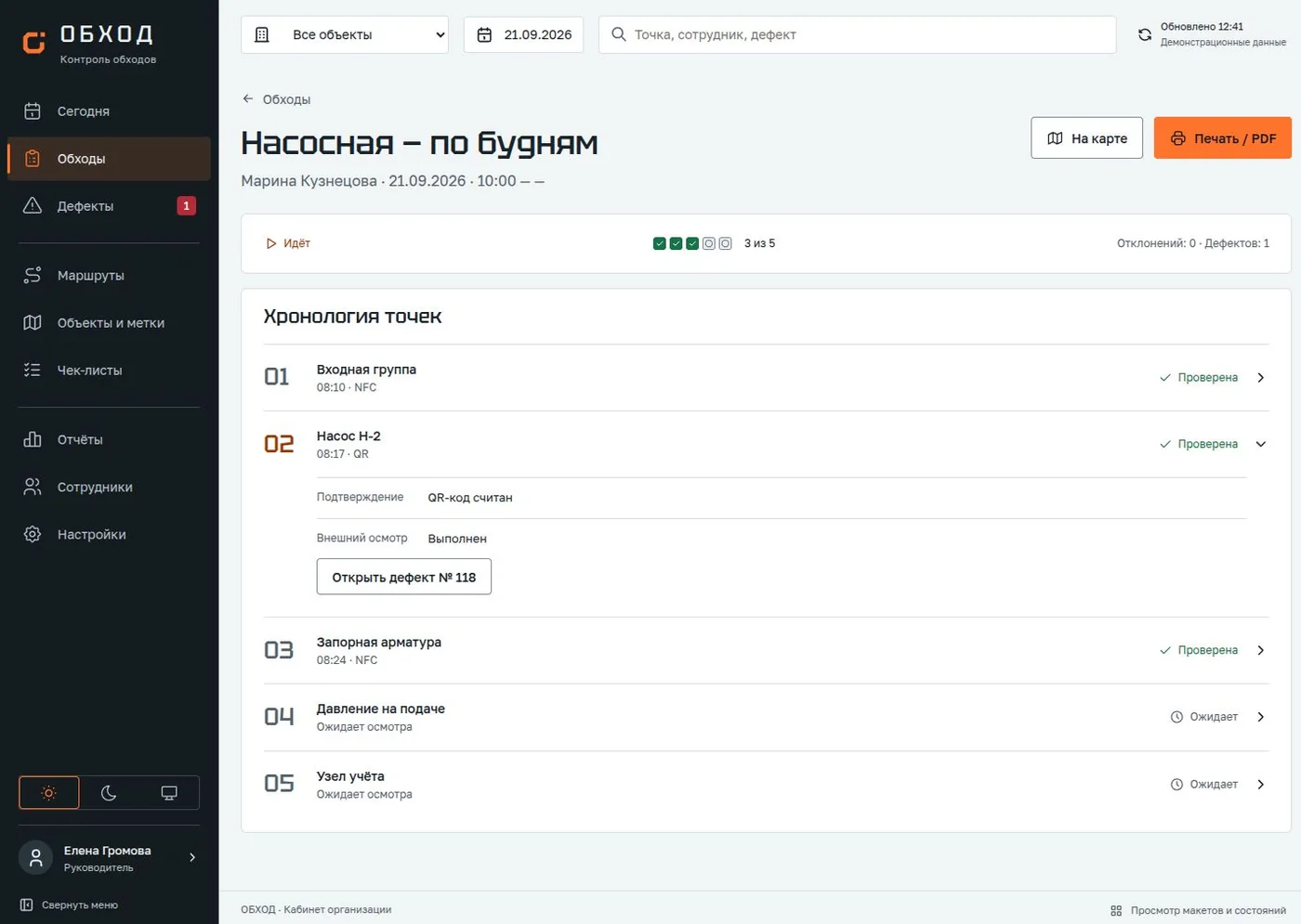 Кабинет: хронология точек обхода